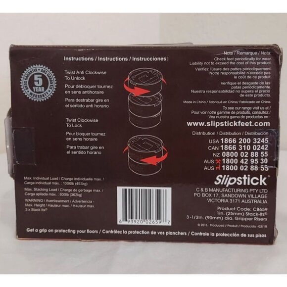 Adjustable Bed/Furniture Risers Set of 8, Black Slipstick cb659 Height Adjuster - Picture 4 of 4